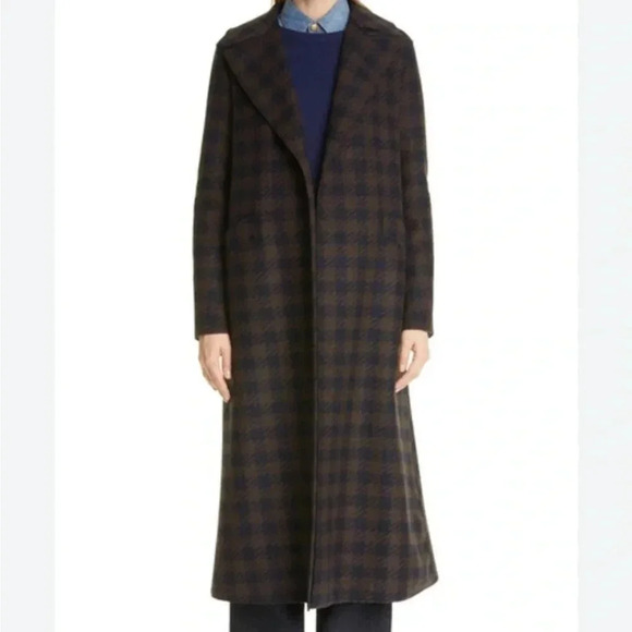 HARRIS WHARF LONDON EUC Gingham Belted Wool Maxi Coat Chocolate Brown Blue 10 44 - Picture 8 of 16